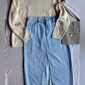 Light wash, distressed edges midi skirt with a slit (mid-rise) size fits M-L